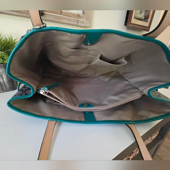 Coach Signature Stripe Large Carryall Tote-Navy Denim Look, Jade Green Stripe - Picture 14 of 16